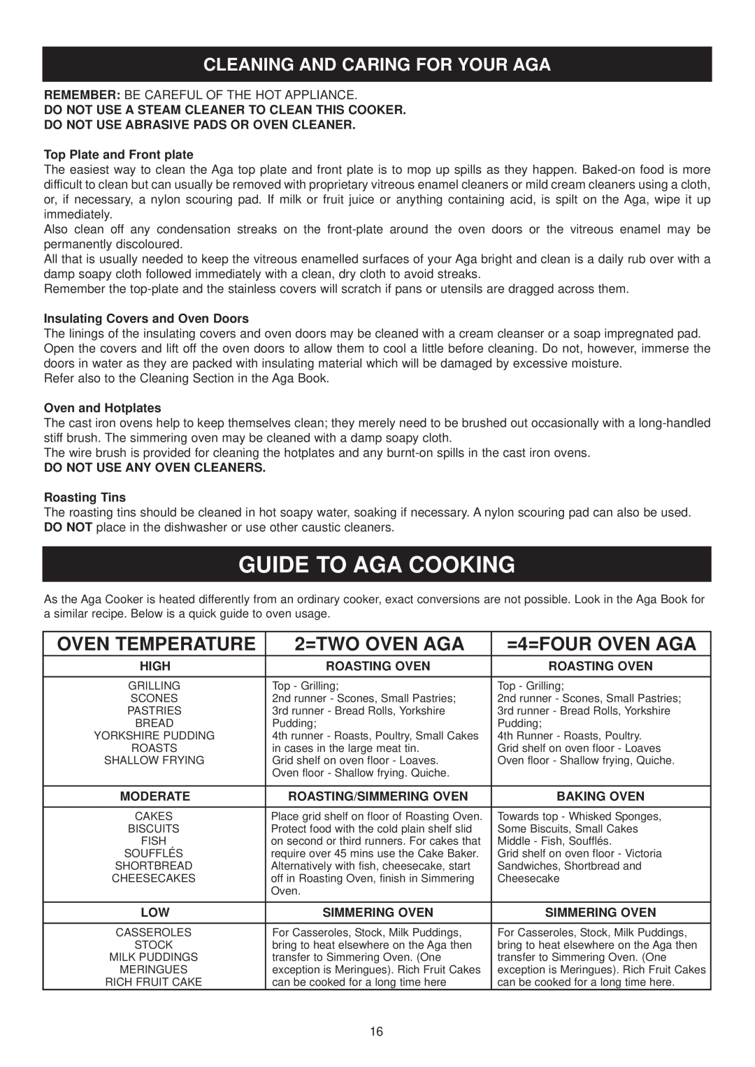 Aga Ranges EE LM-4, EC LM-2 Cleaning And Caring For Your Aga, Guide To Aga Cooking, Oven Temperature, 2=TWO OVEN AGA 