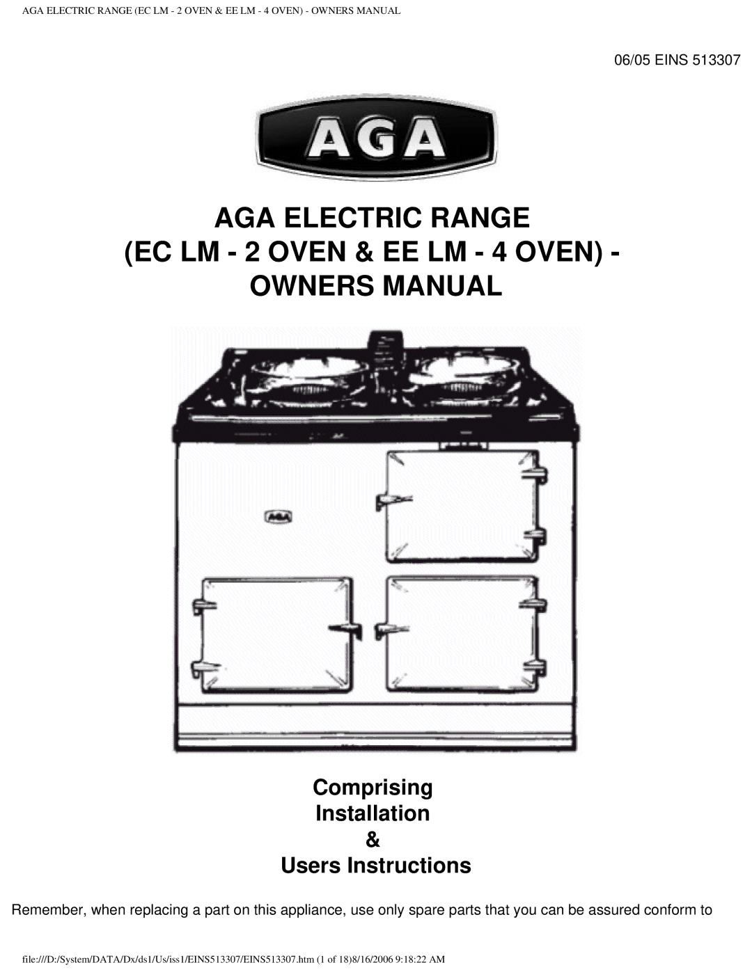 Aga Ranges EINS513307 owner manual AGA Electric Range 