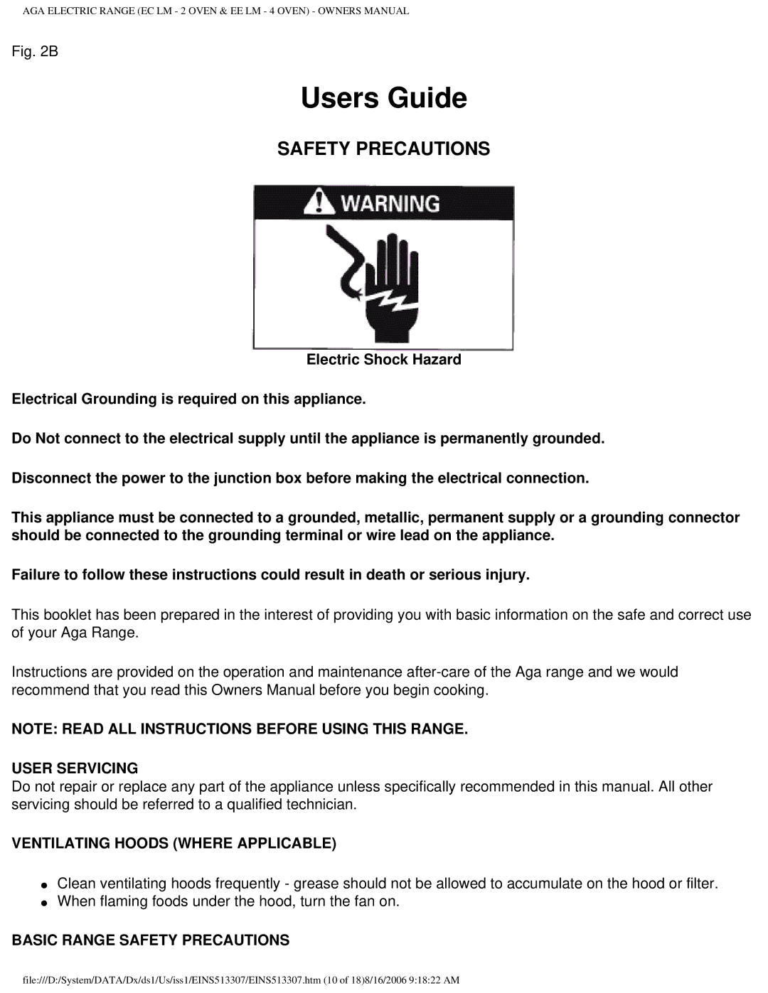 Aga Ranges EINS513307 owner manual Safety Precautions, User Servicing, Ventilating Hoods Where Applicable 