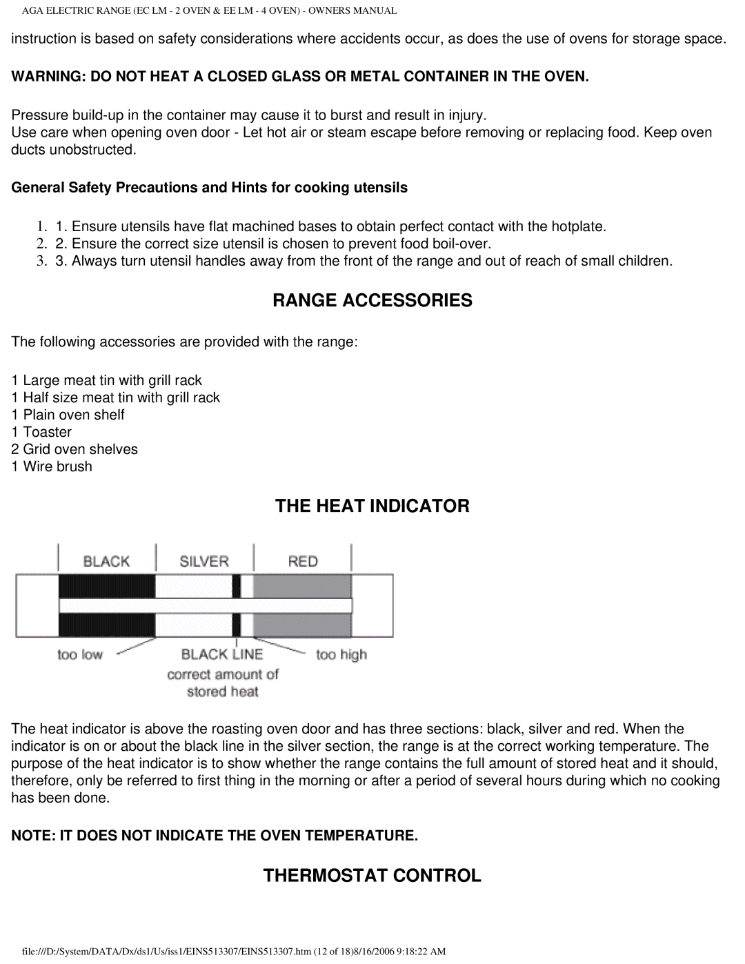 Aga Ranges EINS513307 owner manual Range Accessories, Heat Indicator, Thermostat Control 