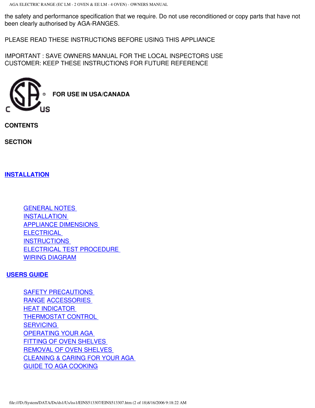 Aga Ranges EINS513307 owner manual For USE in USA/CANADA Contents Section, Installation 