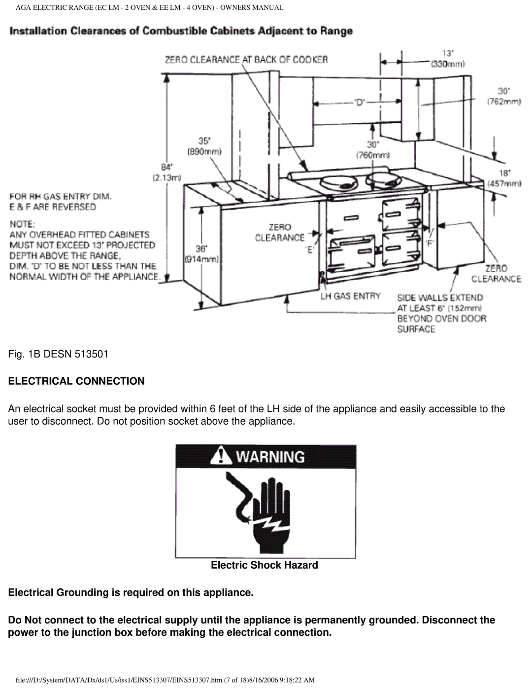 Aga Ranges EINS513307 owner manual Electrical Connection 