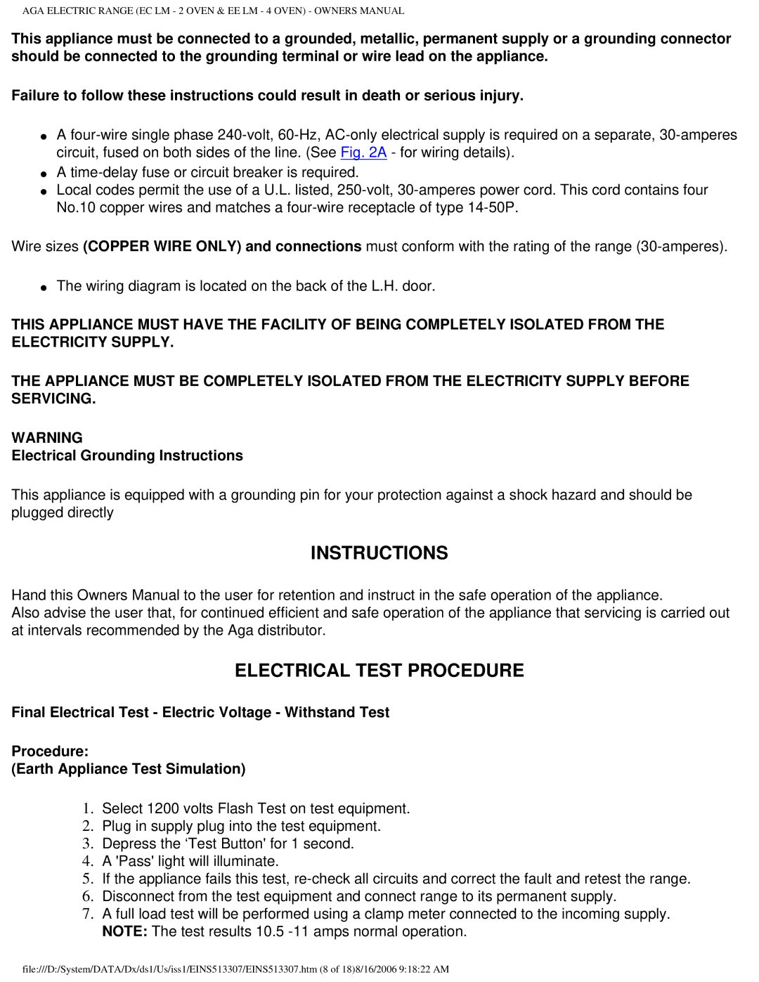 Aga Ranges EINS513307 owner manual Electrical Test Procedure, Electrical Grounding Instructions 