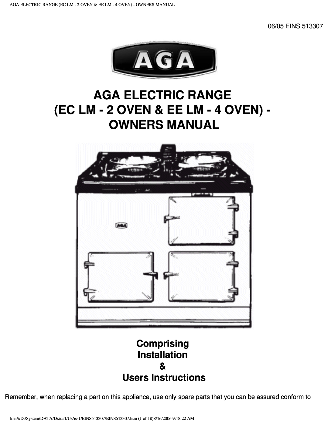 Aga Ranges EINS513307 owner manual Aga Electric Range, EC LM - 2 OVEN & EE LM - 4 OVEN OWNERS MANUAL 