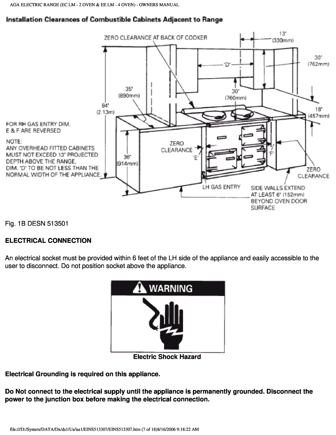 Aga Ranges EINS513307 owner manual Electrical Connection 
