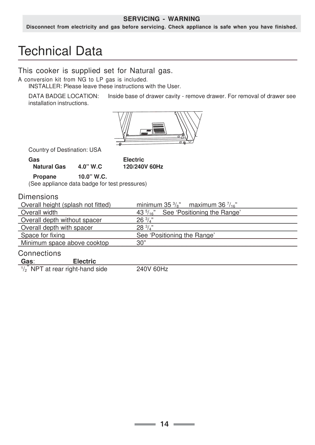 Aga Ranges F104010-01 manual Technical Data 