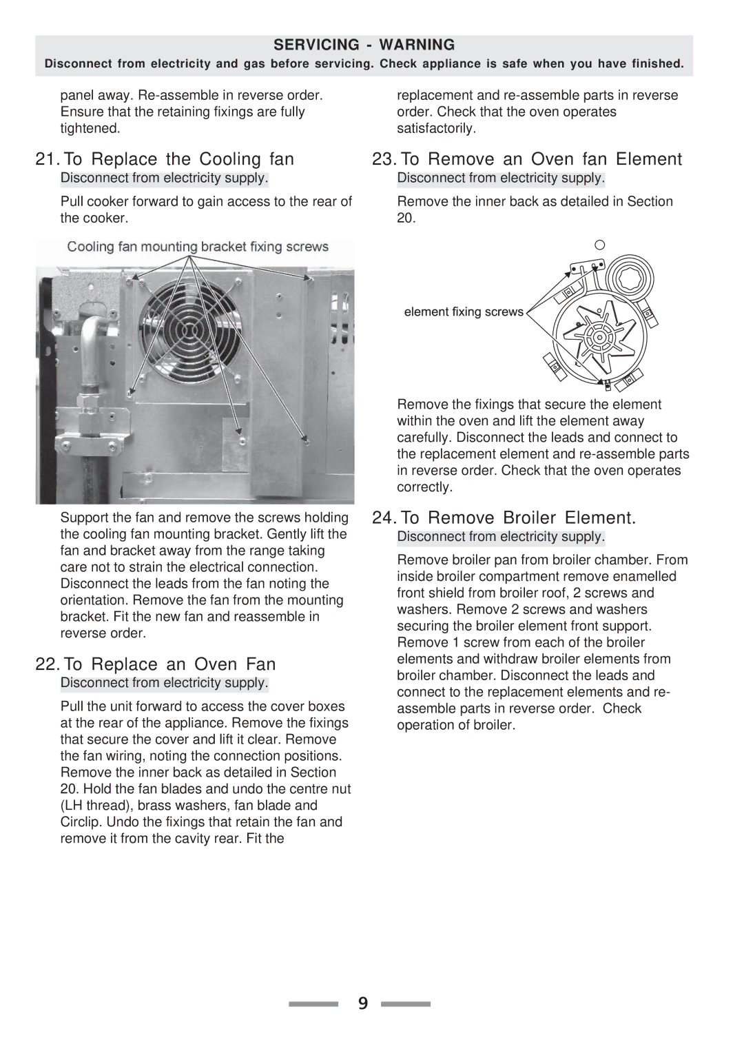 Aga Ranges F104010-01 manual To Replace the Cooling fan 