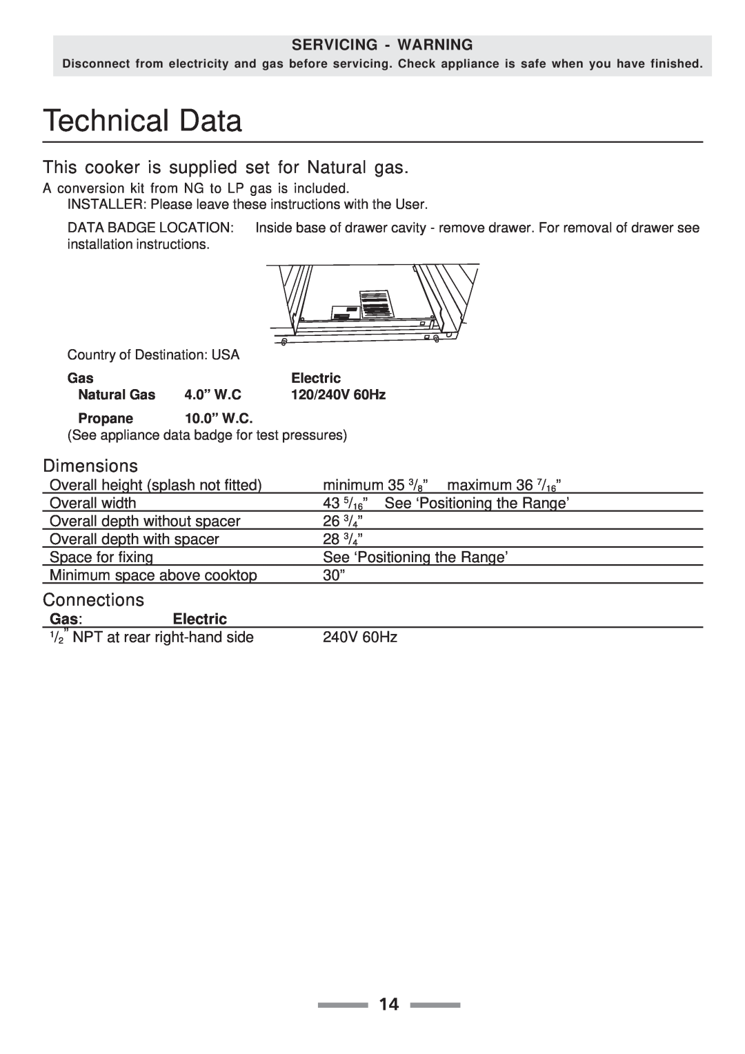 Aga Ranges F104010-01 manual Technical Data, This cooker is supplied set for Natural gas, Dimensions, Connections 