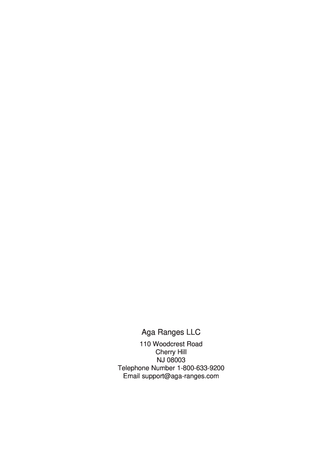 Aga Ranges F104010-01 manual Aga Ranges LLC, Woodcrest Road Cherry Hill NJ 