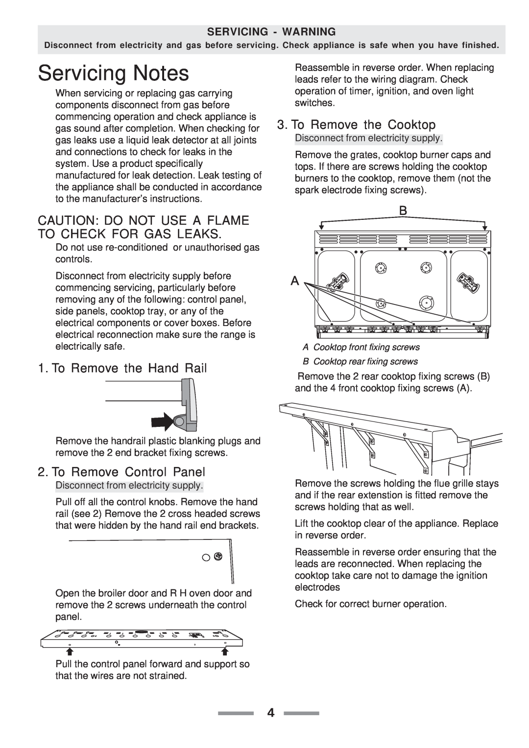 Aga Ranges F104010-01 manual Servicing Notes, To Remove the Cooktop, To Remove the Hand Rail, To Remove Control Panel 