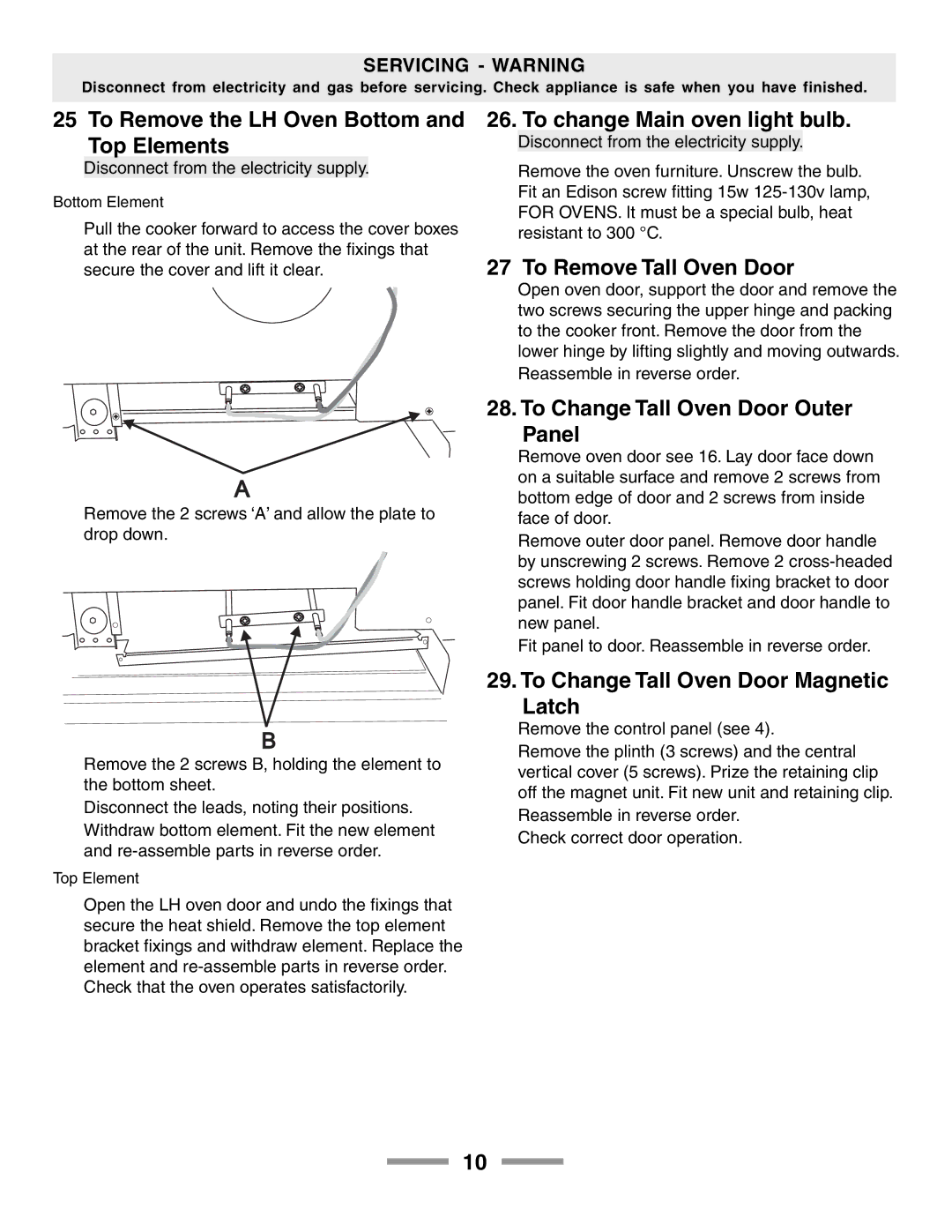 Aga Ranges F104650-01 manual To Remove the LH Oven Bottom and Top Elements, To change Main oven light bulb 