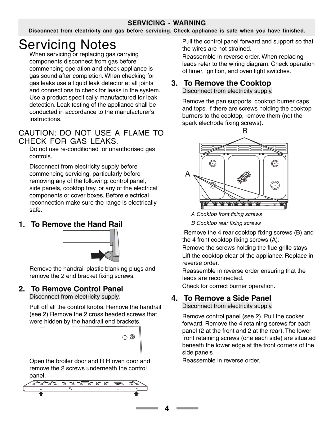 Aga Ranges F104650-01 manual Servicing Notes, To Remove the Cooktop, To Remove the Hand Rail, To Remove Control Panel 