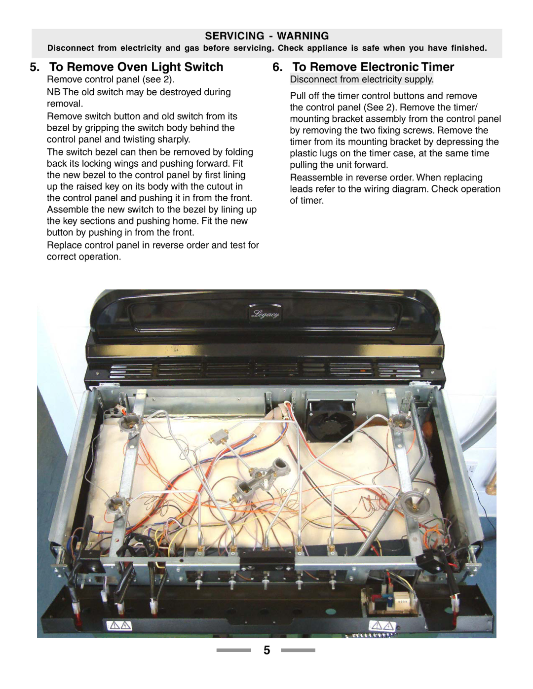 Aga Ranges F104650-01 manual To Remove Oven Light Switch, To Remove Electronic Timer 