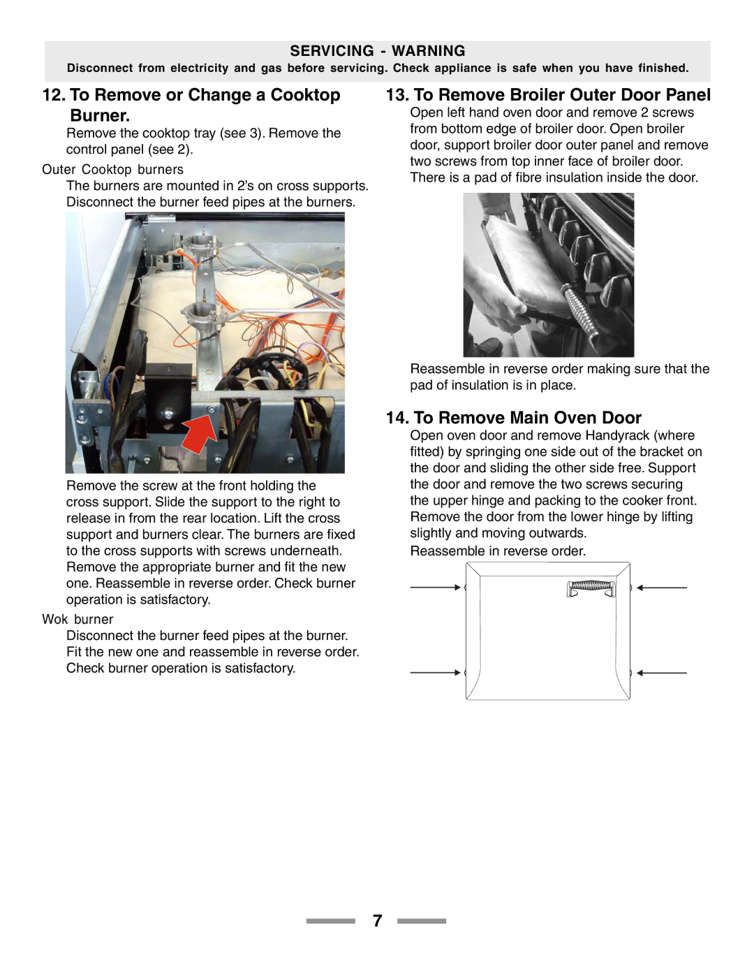 Aga Ranges F104650-01 To Remove or Change a Cooktop Burner, To Remove Broiler Outer Door Panel, To Remove Main Oven Door 