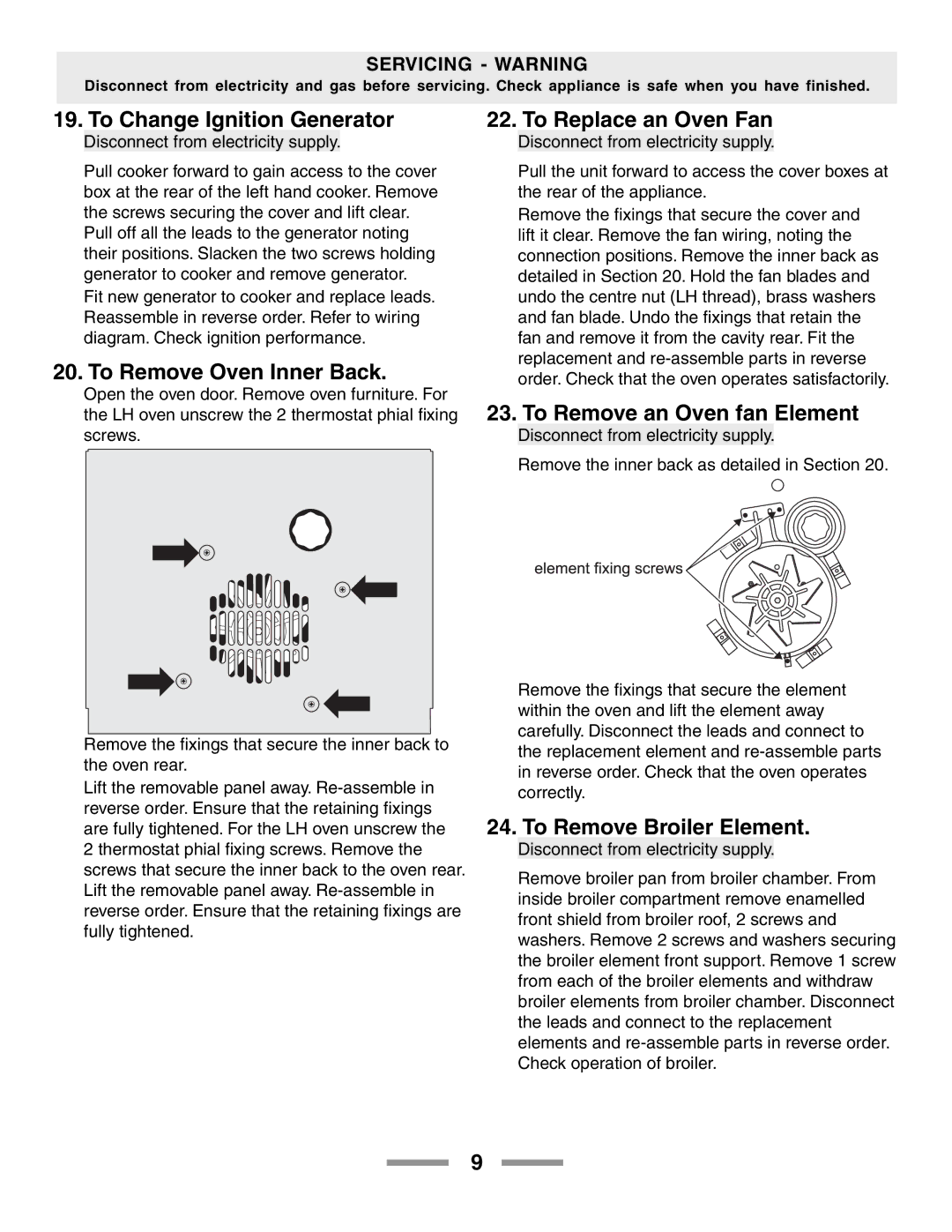 Aga Ranges F104650-01 manual To Change Ignition Generator, To Remove Oven Inner Back, To Replace an Oven Fan 