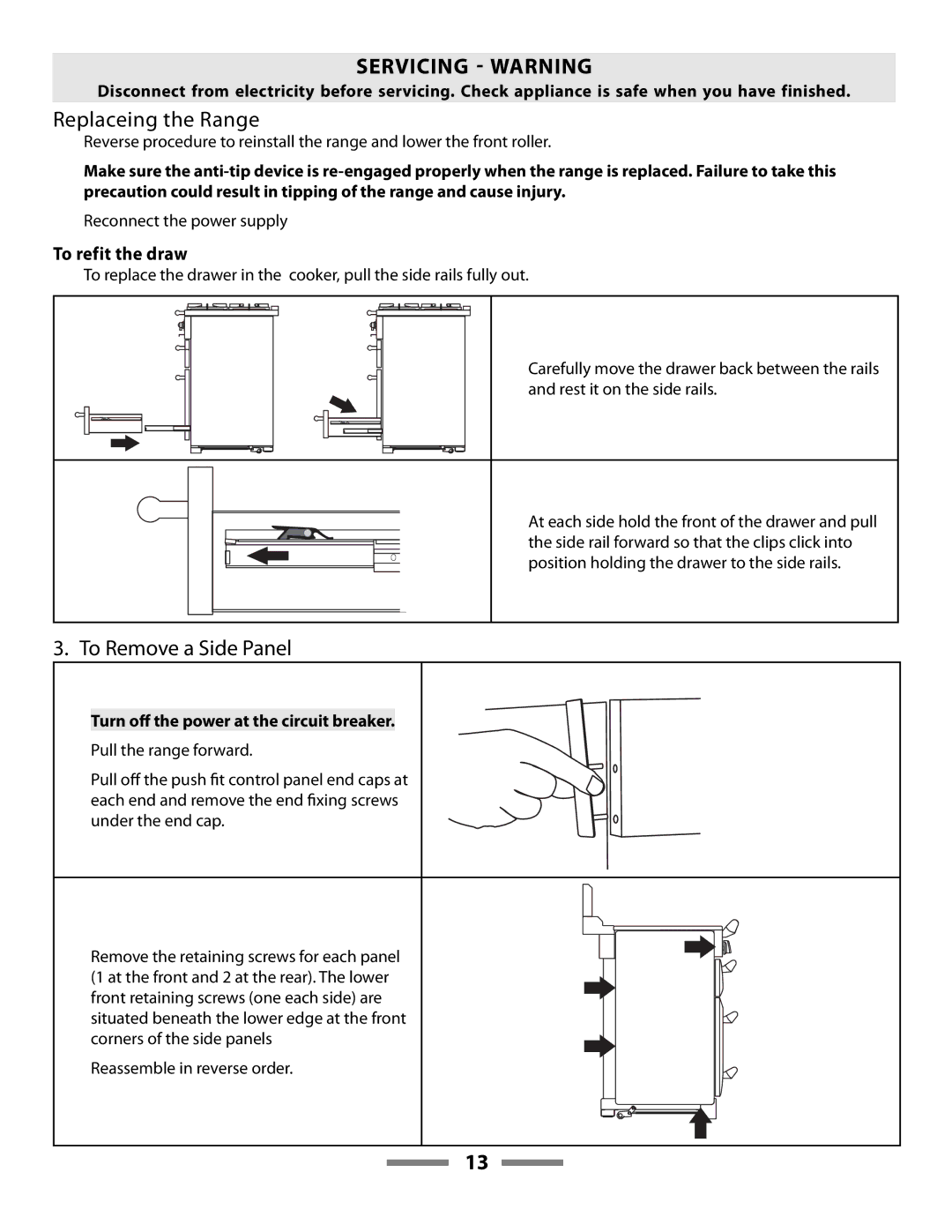 Aga Ranges F107411-01 manual Replaceing the Range, To refit the draw 