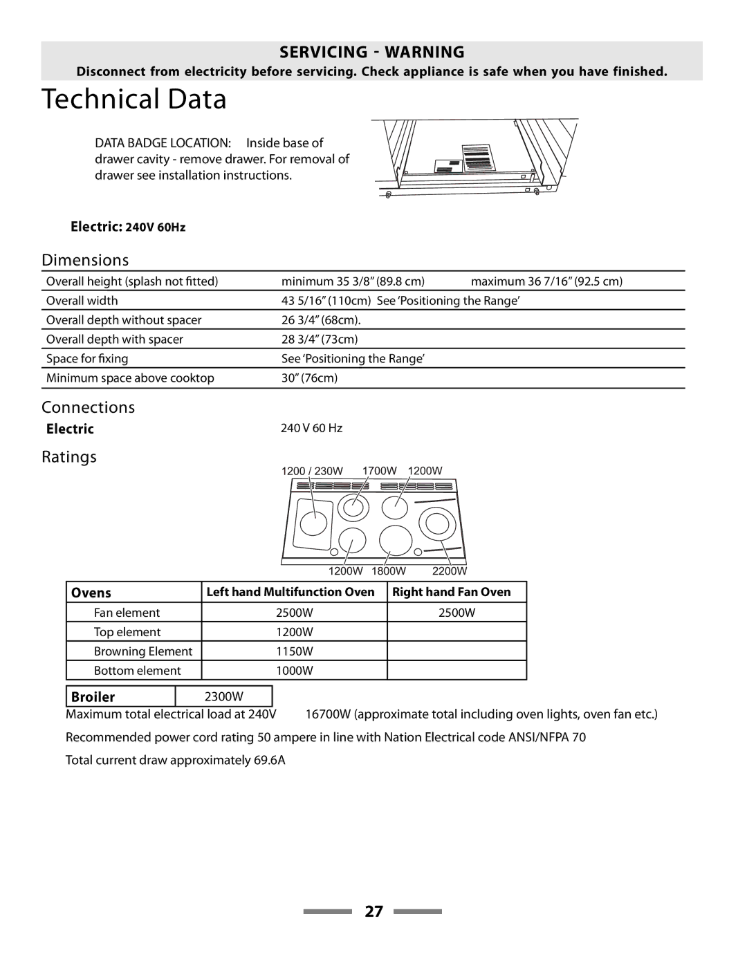 Aga Ranges F107411-01 manual Technical Data, Electric 240V 60Hz, Ovens, Broiler 