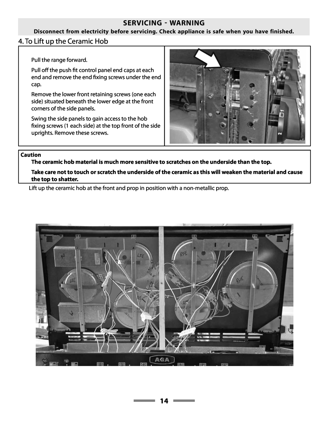 Aga Ranges F107411-01 manual Servicing  Warning, To Lift up the Ceramic Hob 