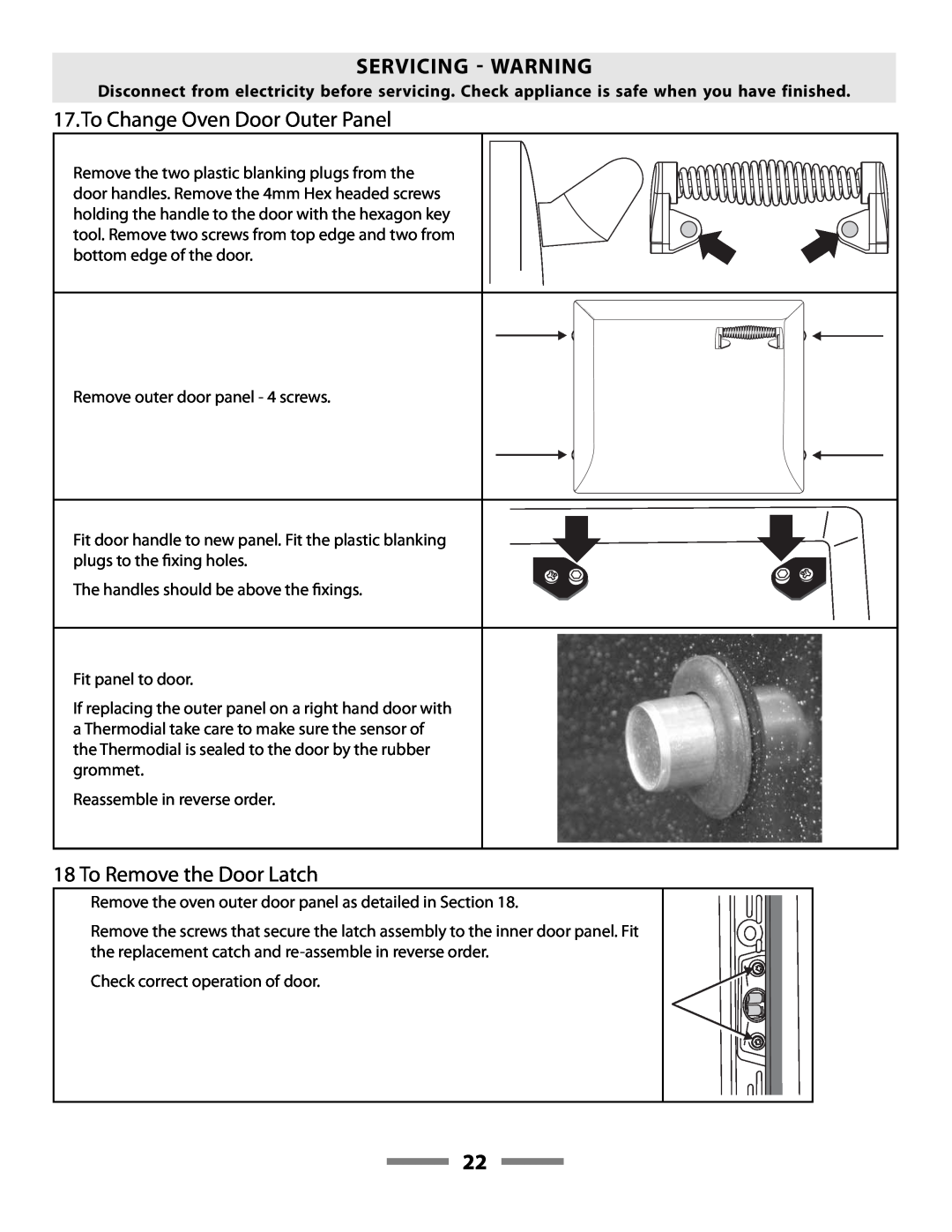 Aga Ranges F107411-01 manual To Change Oven Door Outer Panel, To Remove the Door Latch, Servicing  Warning 