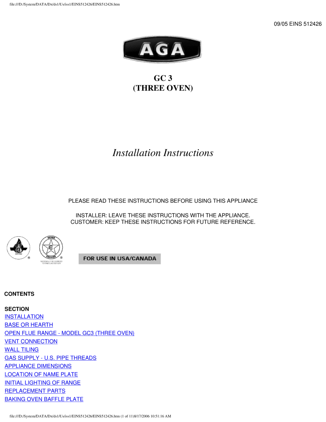 Aga Ranges GC 3 installation instructions Installation Instructions 