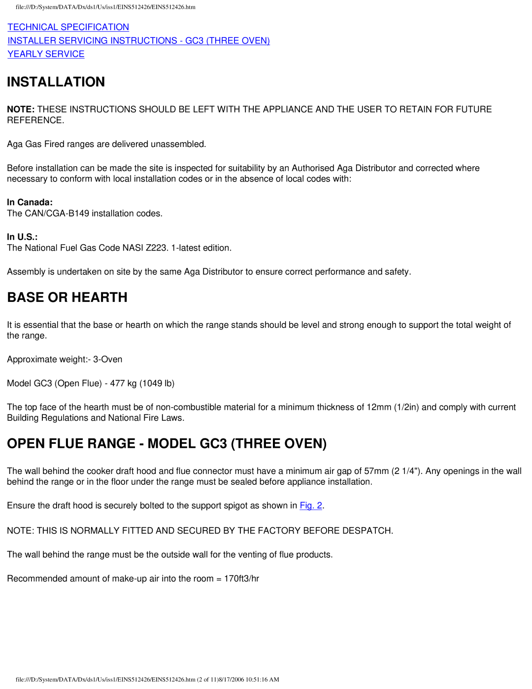 Aga Ranges GC 3 installation instructions Installation, Base or Hearth, Open Flue Range Model GC3 Three Oven 