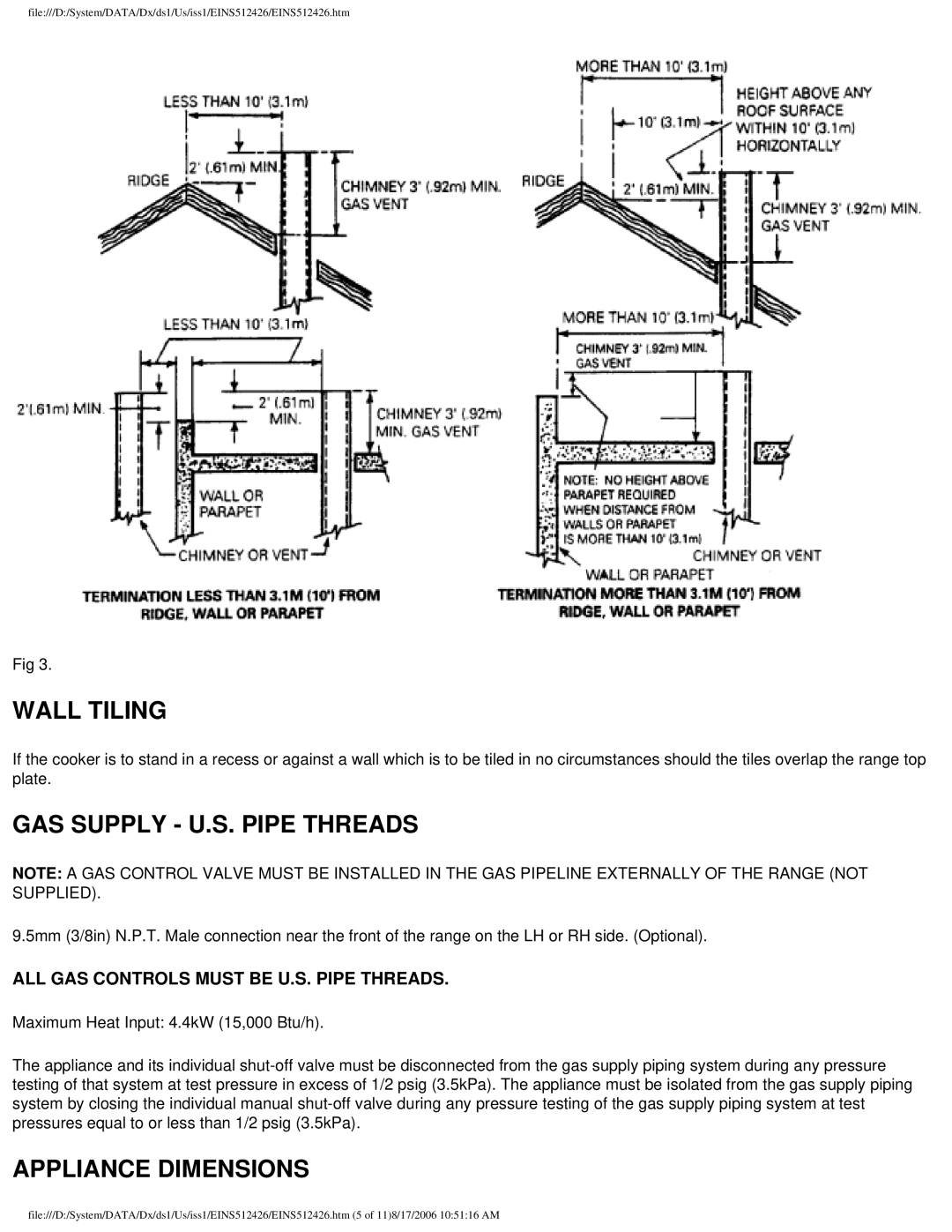 Aga Ranges GC 3 installation instructions Wall Tiling, GAS Supply U.S. Pipe Threads, Appliance Dimensions 