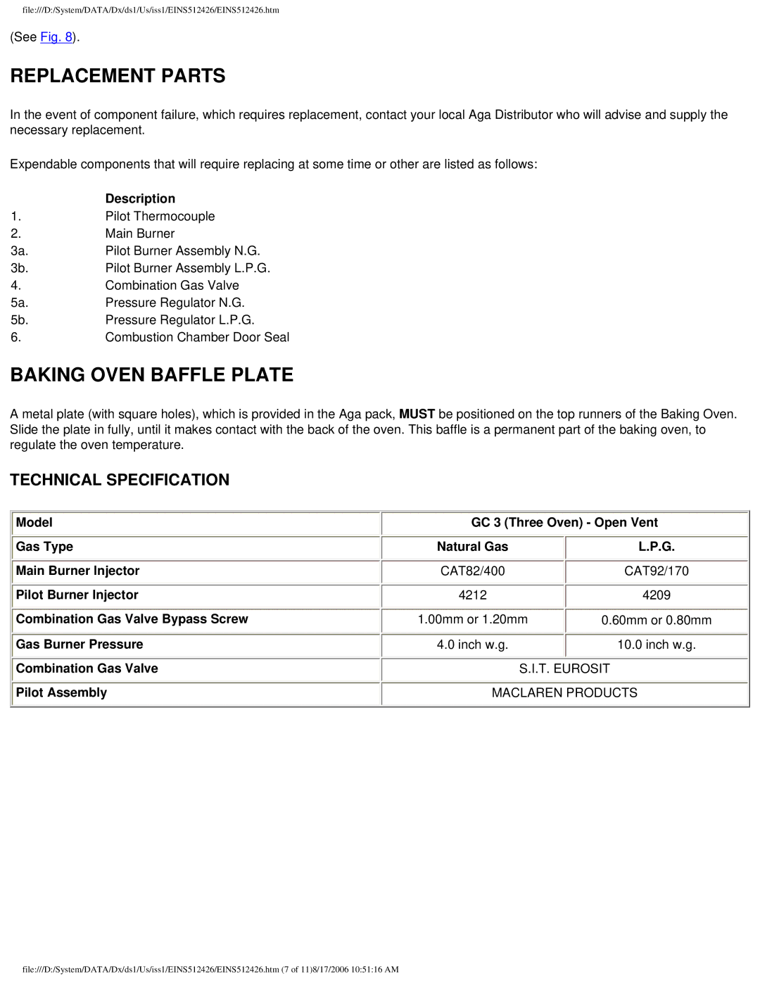 Aga Ranges GC 3 installation instructions Replacement Parts, Baking Oven Baffle Plate 