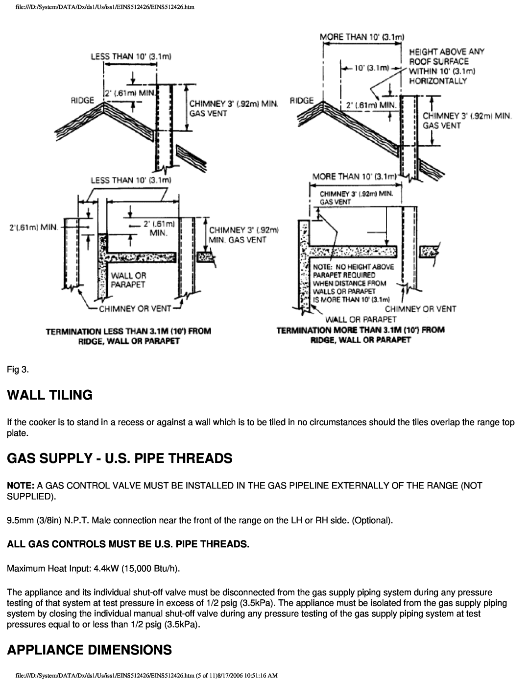 Aga Ranges GC 3 installation instructions Wall Tiling, Gas Supply - U.S. Pipe Threads, Appliance Dimensions 