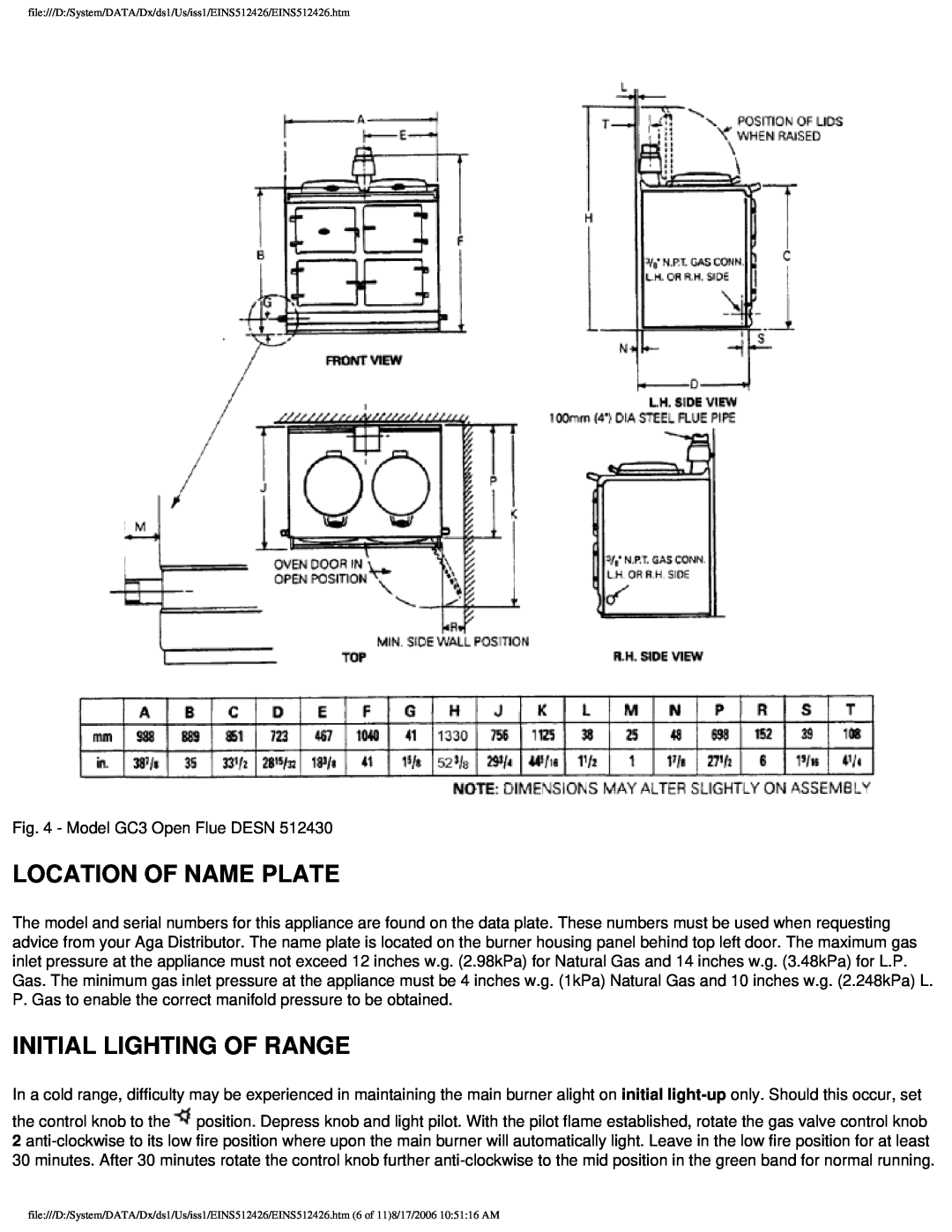 Aga Ranges GC 3 installation instructions Location Of Name Plate, Initial Lighting Of Range 