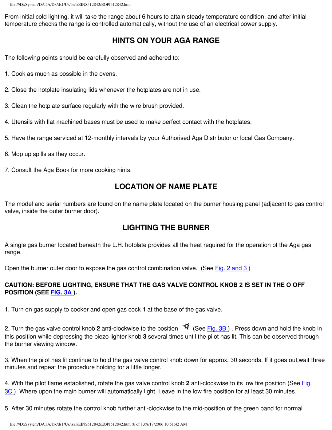 Aga Ranges GC3 manual Hints on Your AGA Range, Location of Name Plate, Lighting the Burner 