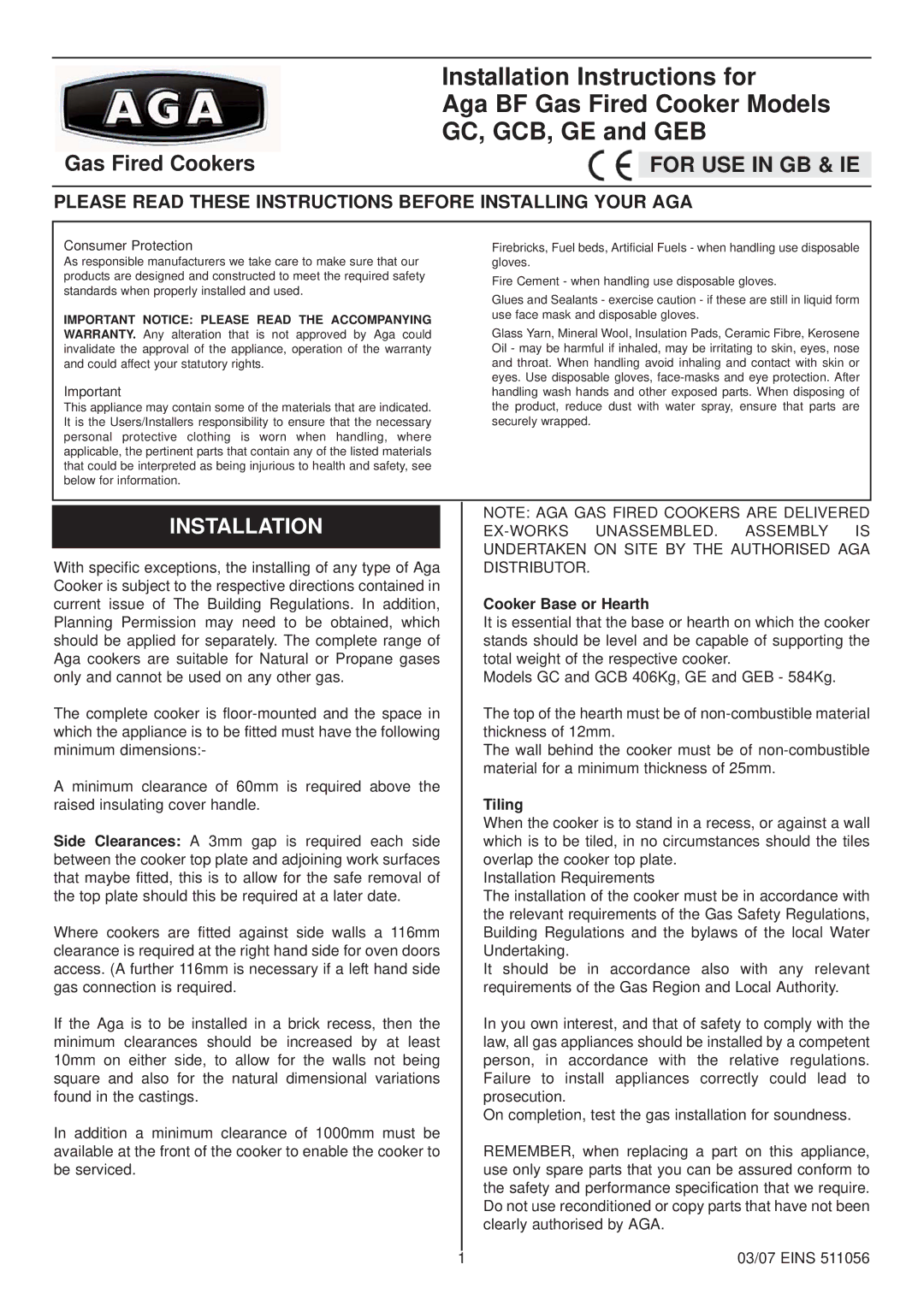 Aga Ranges installation instructions GC, GCB, GE and GEB, Installation 