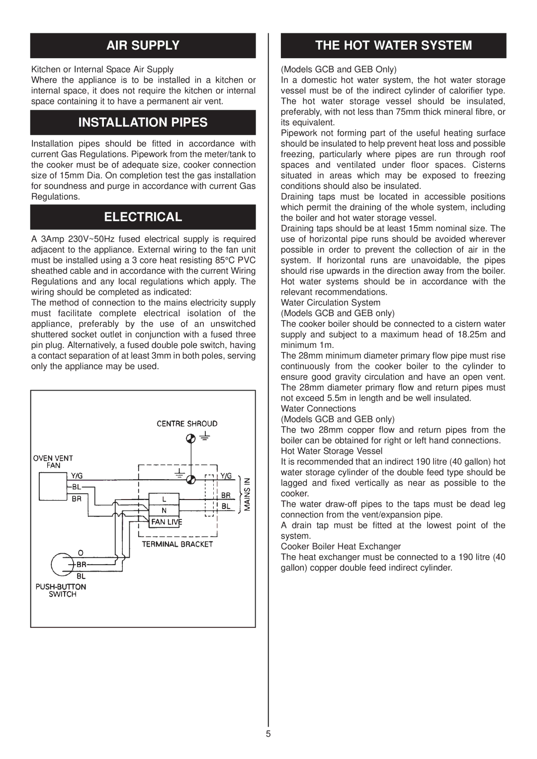 Aga Ranges GEB, GCB installation instructions AIR Supply, Installation Pipes, Electrical, HOT Water System 