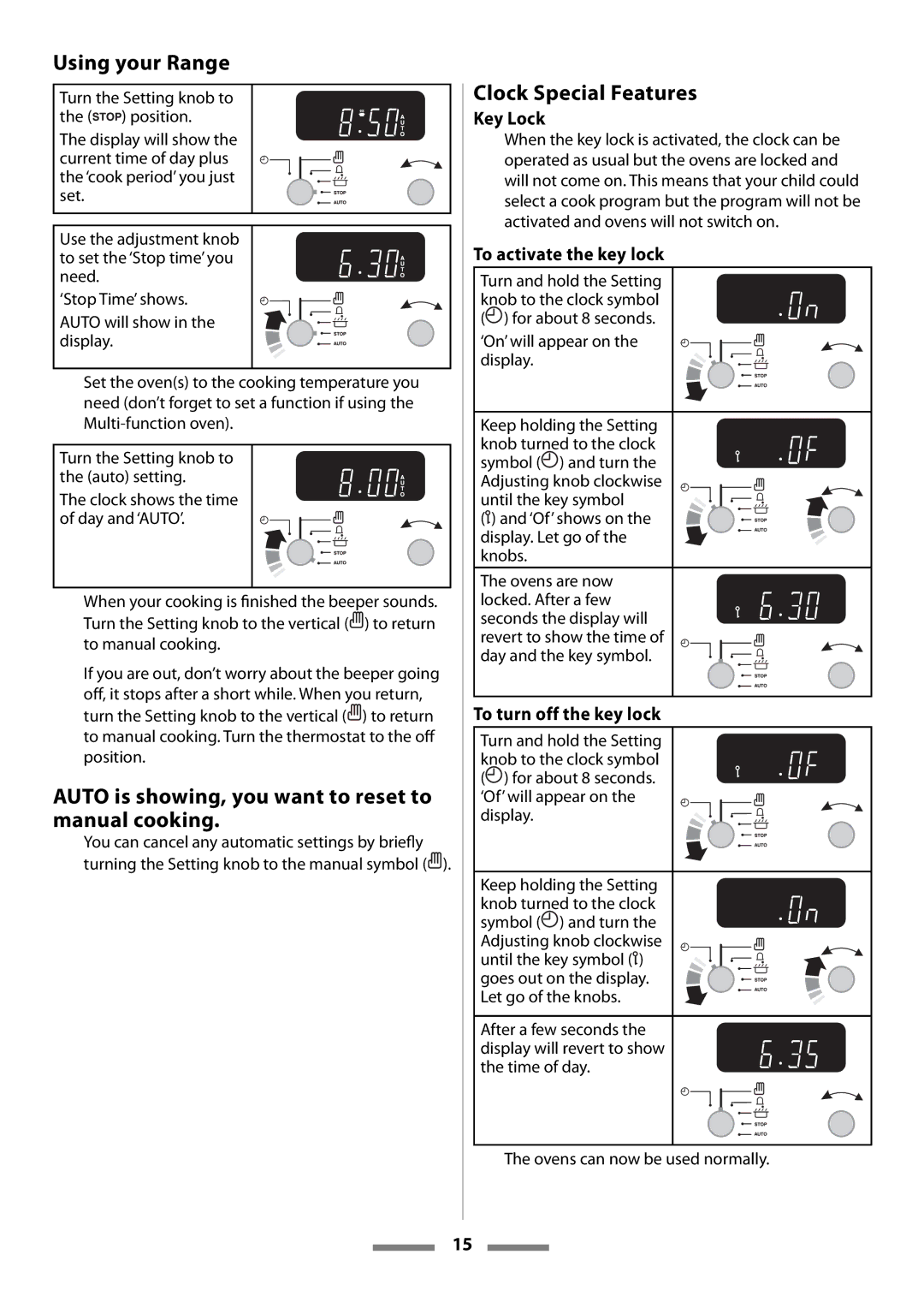 Aga Ranges Legacy 44 Auto is showing, you want to reset to manual cooking, Clock Special Features, Key Lock 