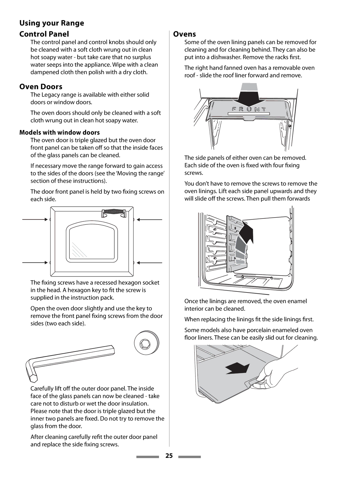 Aga Ranges Legacy 44 installation instructions Using your Range Control Panel, Oven Doors, Models with window doors 