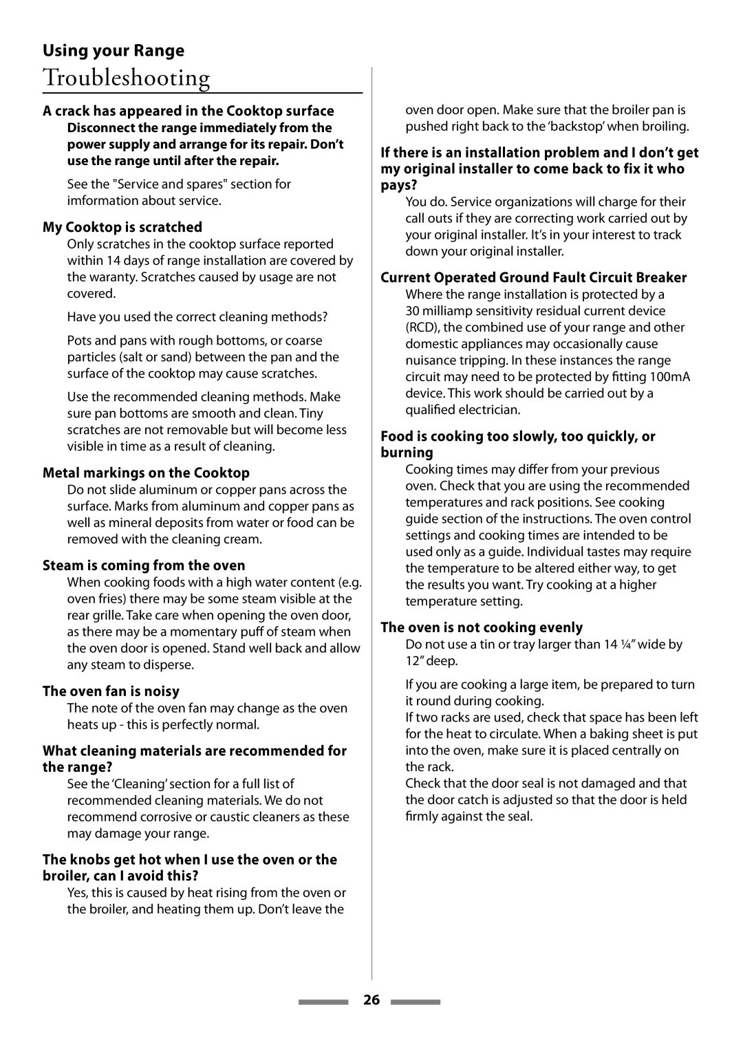 Aga Ranges Legacy 44 installation instructions Troubleshooting 