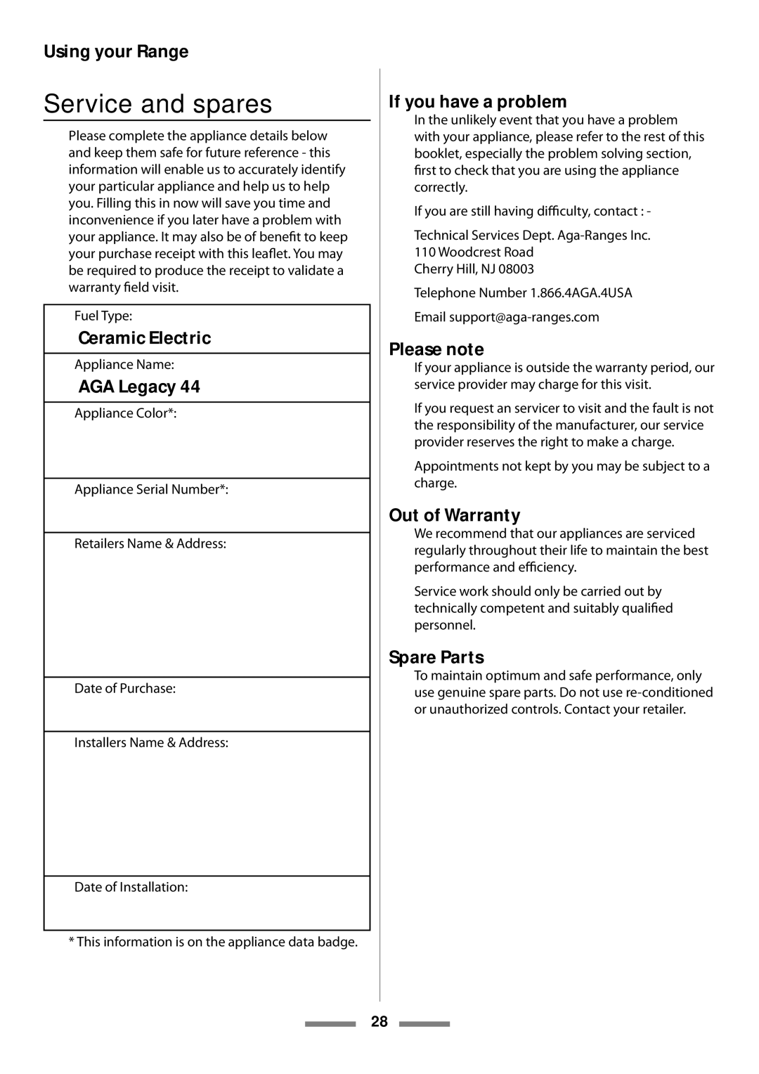 Aga Ranges Legacy 44 installation instructions Service and spares 