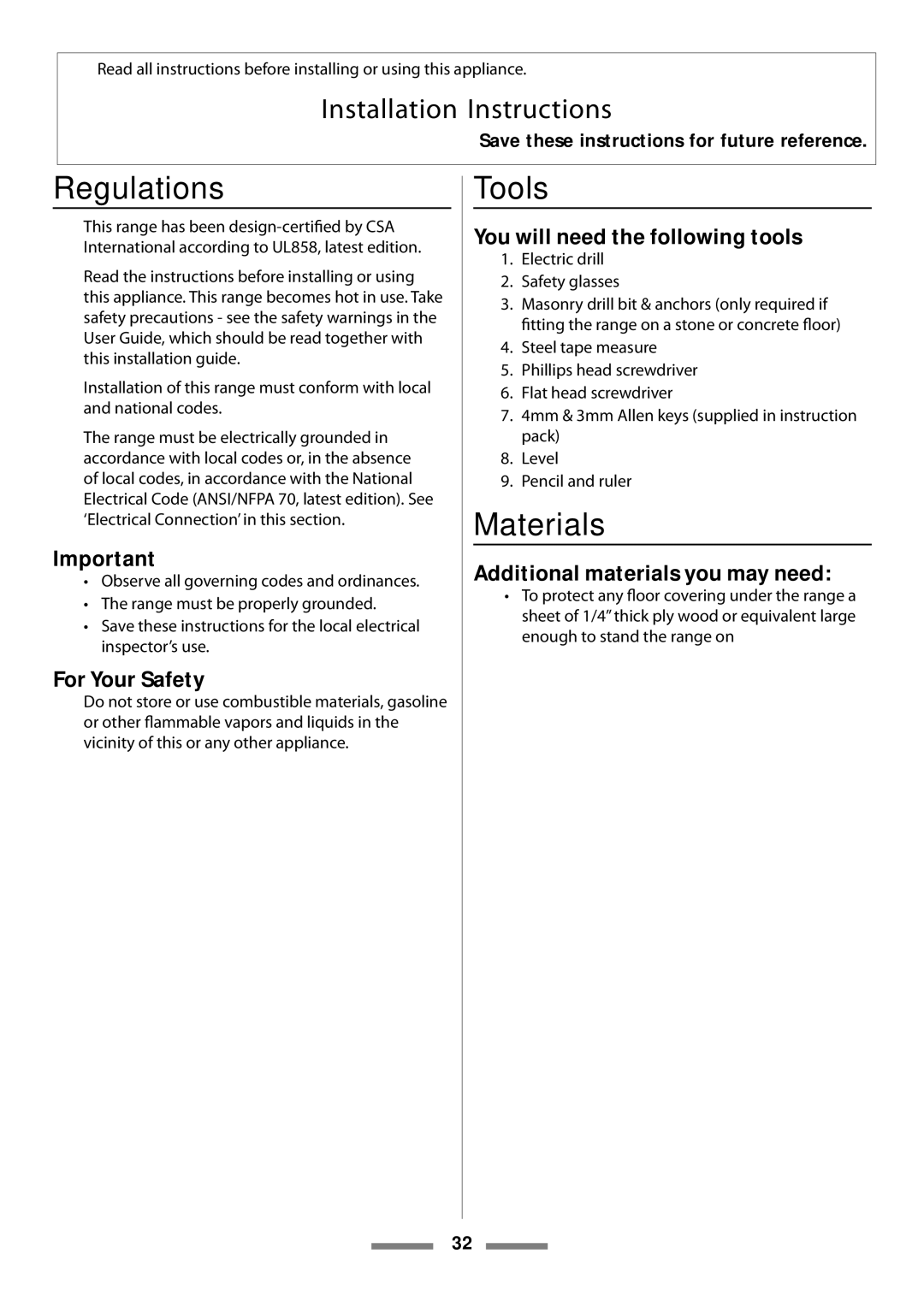 Aga Ranges Legacy 44 installation instructions Regulations, Tools, Materials 