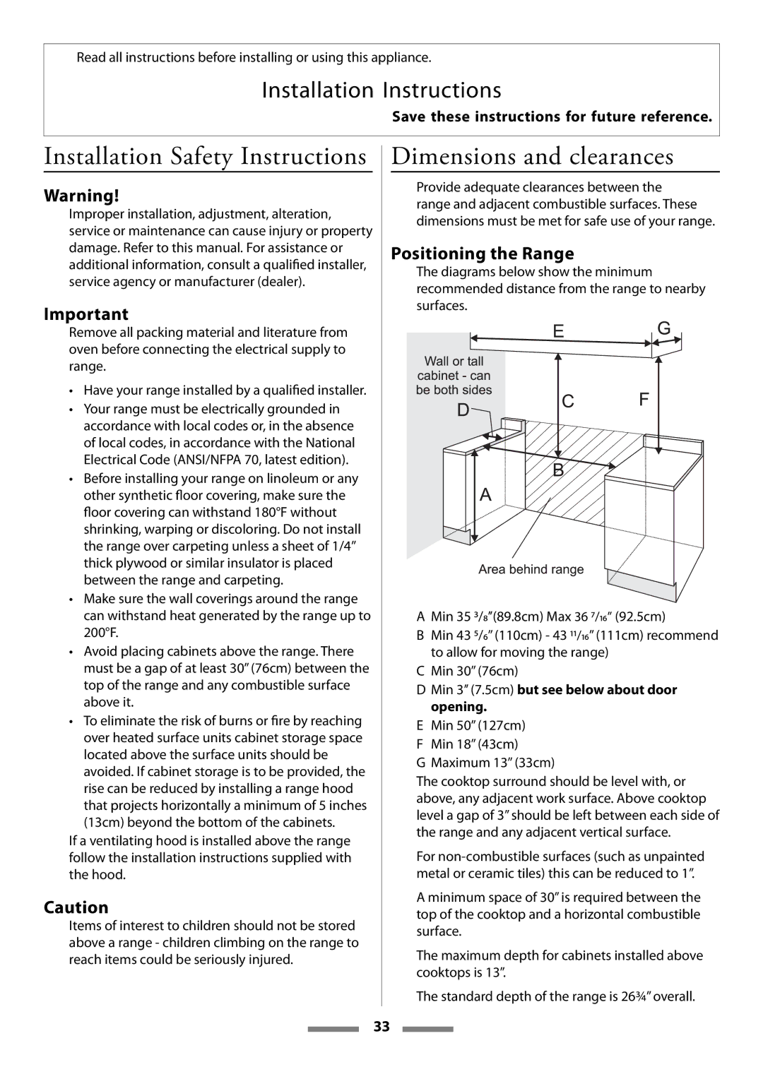 Aga Ranges Legacy 44 Installation Safety Instructions, Dimensions and clearances, Positioning the Range 