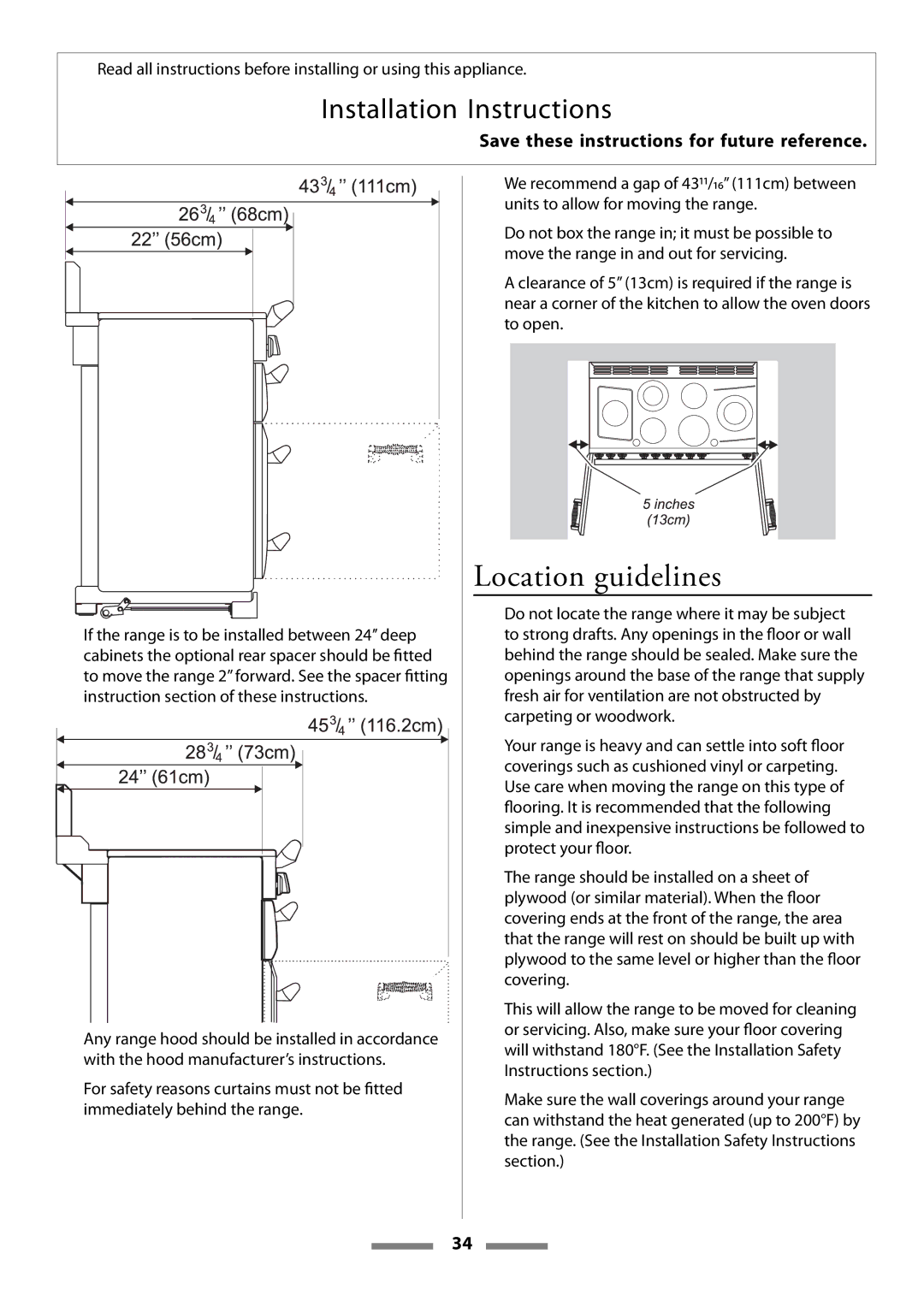 Aga Ranges Legacy 44 installation instructions Location guidelines 