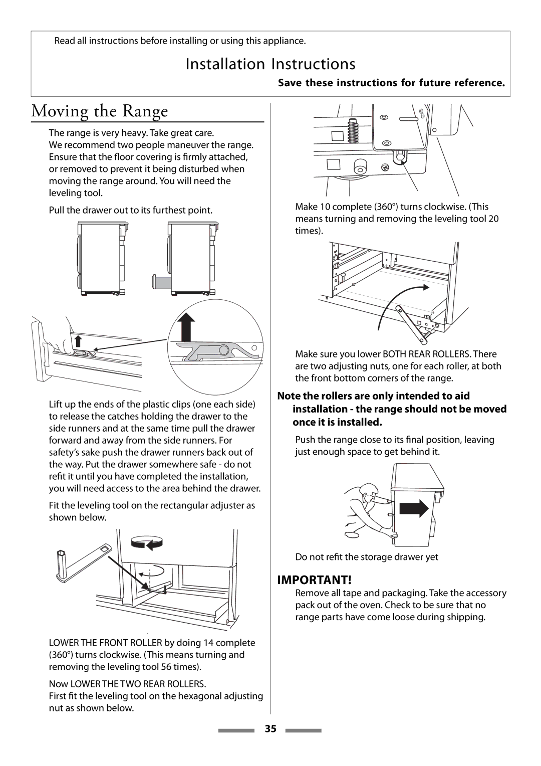 Aga Ranges Legacy 44 installation instructions Moving the Range 