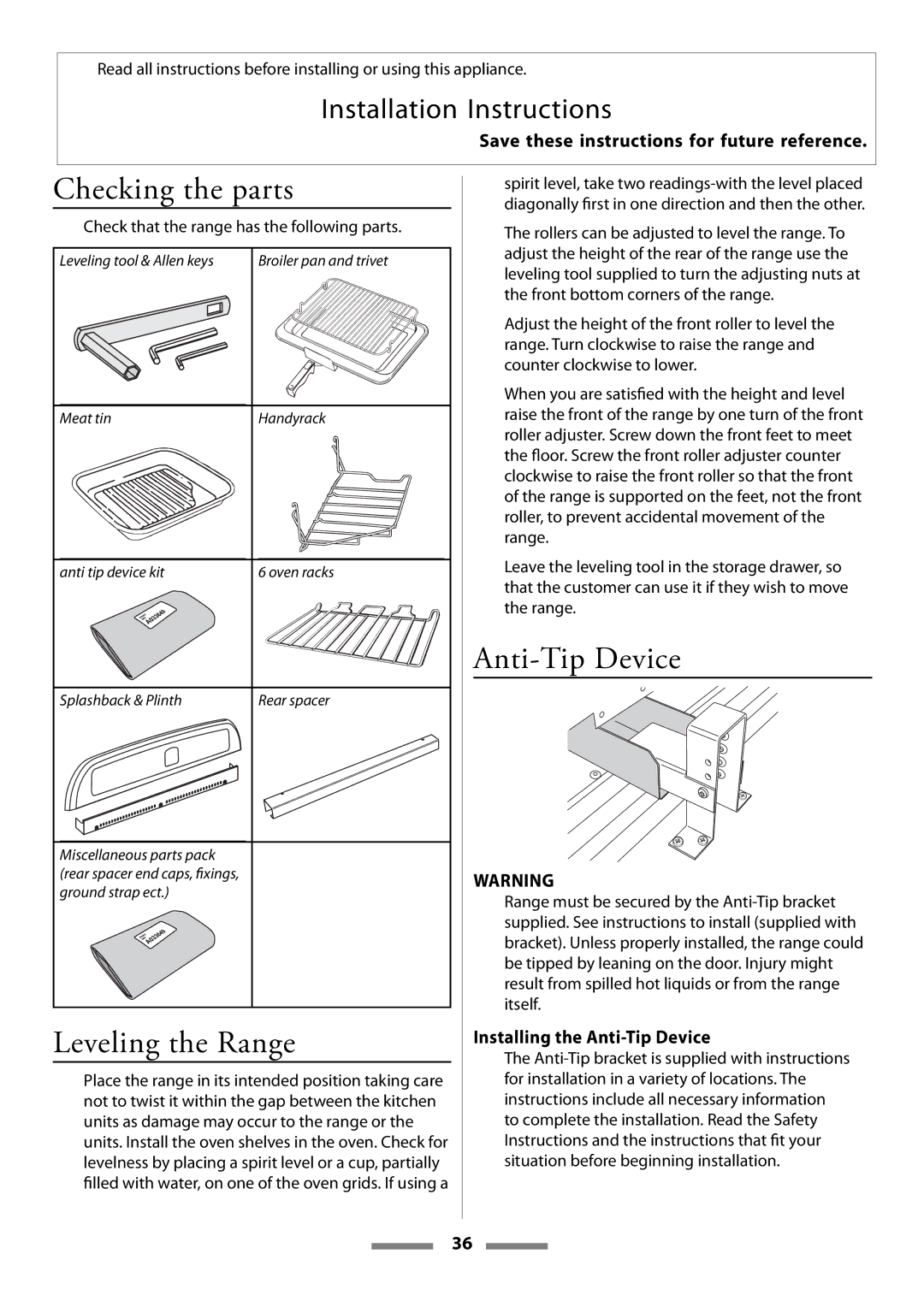 Aga Ranges Legacy 44 installation instructions Checking the parts, Leveling the Range, Installing the Anti-Tip Device 