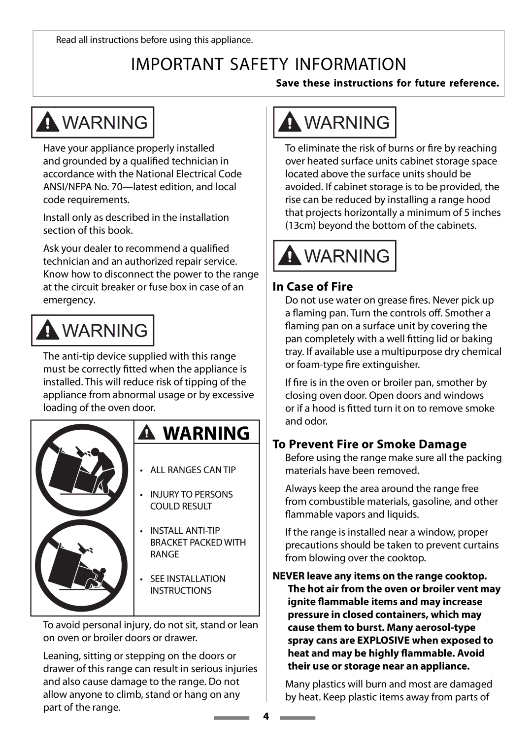 Aga Ranges Legacy 44 Case of Fire, To Prevent Fire or Smoke Damage, Save these instructions for future reference 