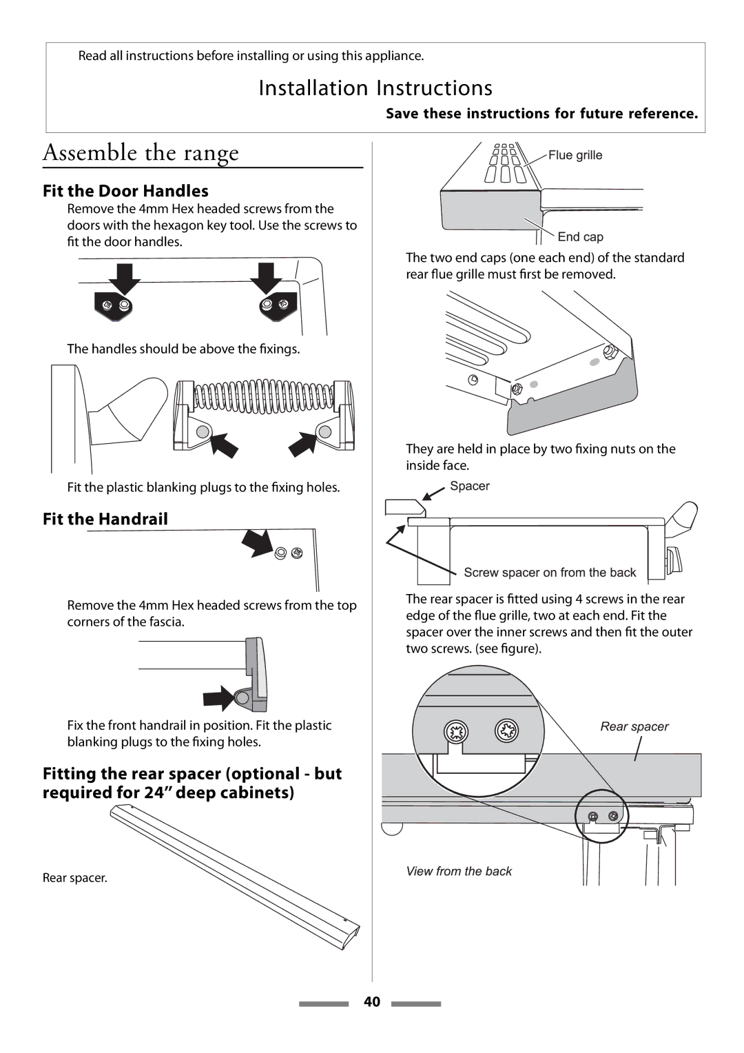 Aga Ranges Legacy 44 installation instructions Assemble the range, Fit the Door Handles, Fit the Handrail 