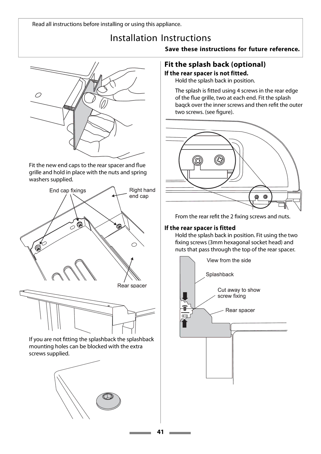 Aga Ranges Legacy 44 Fit the splash back optional, If the rear spacer is not fitted, If the rear spacer is fitted 