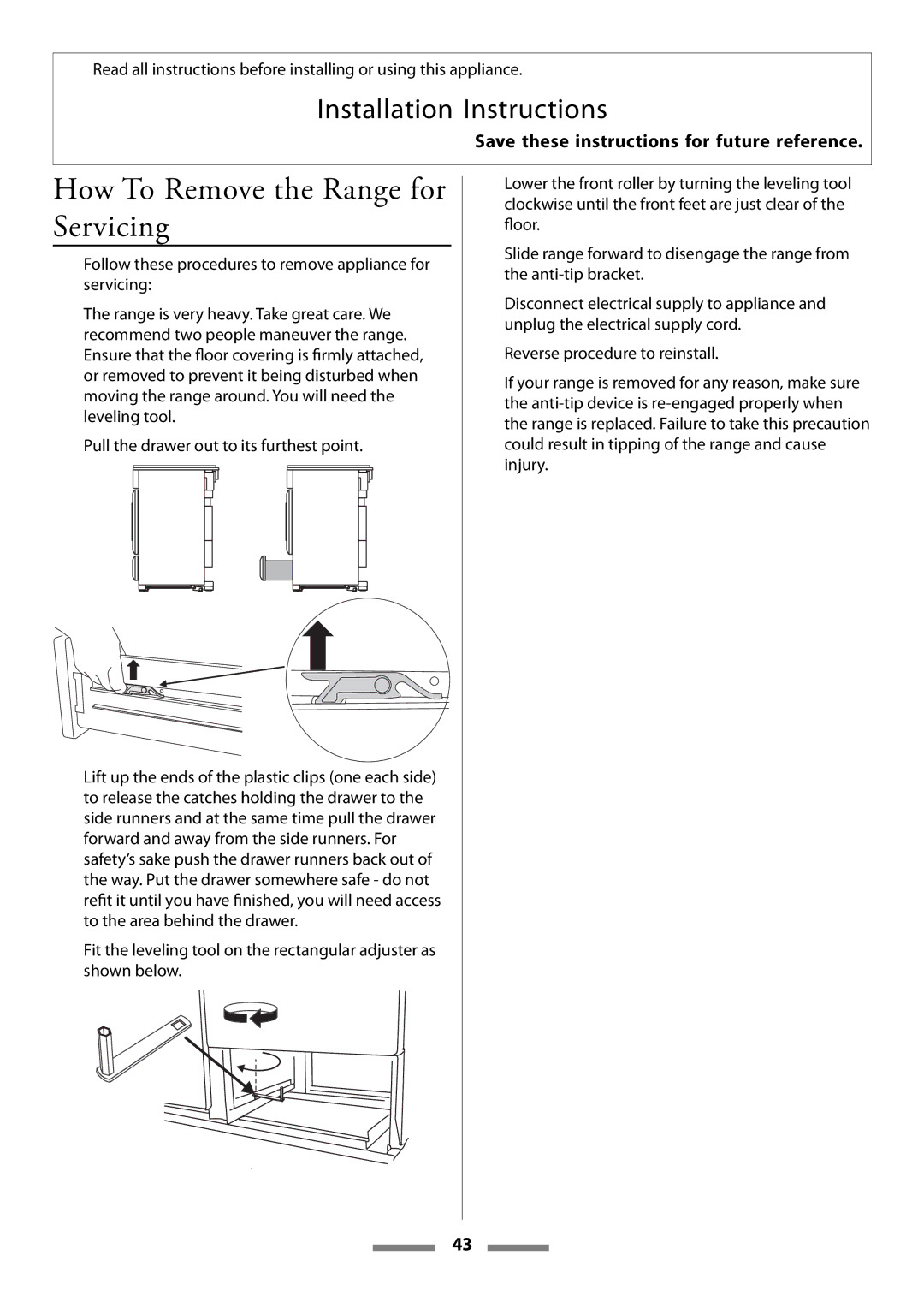 Aga Ranges Legacy 44 installation instructions How To Remove the Range for Servicing 