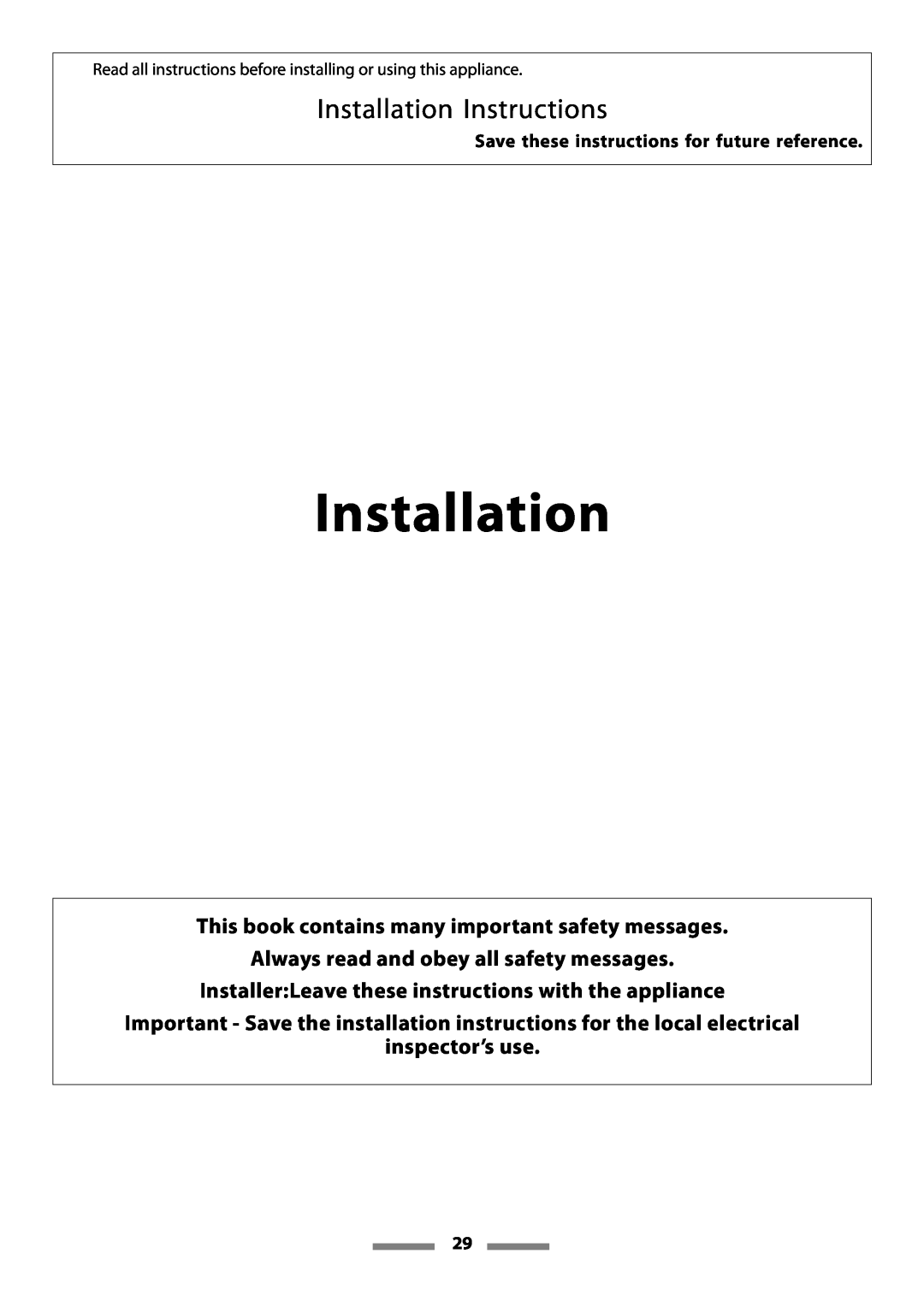Aga Ranges Legacy 44 Installation Instructions, inspector’s use, This book contains many important safety messages 