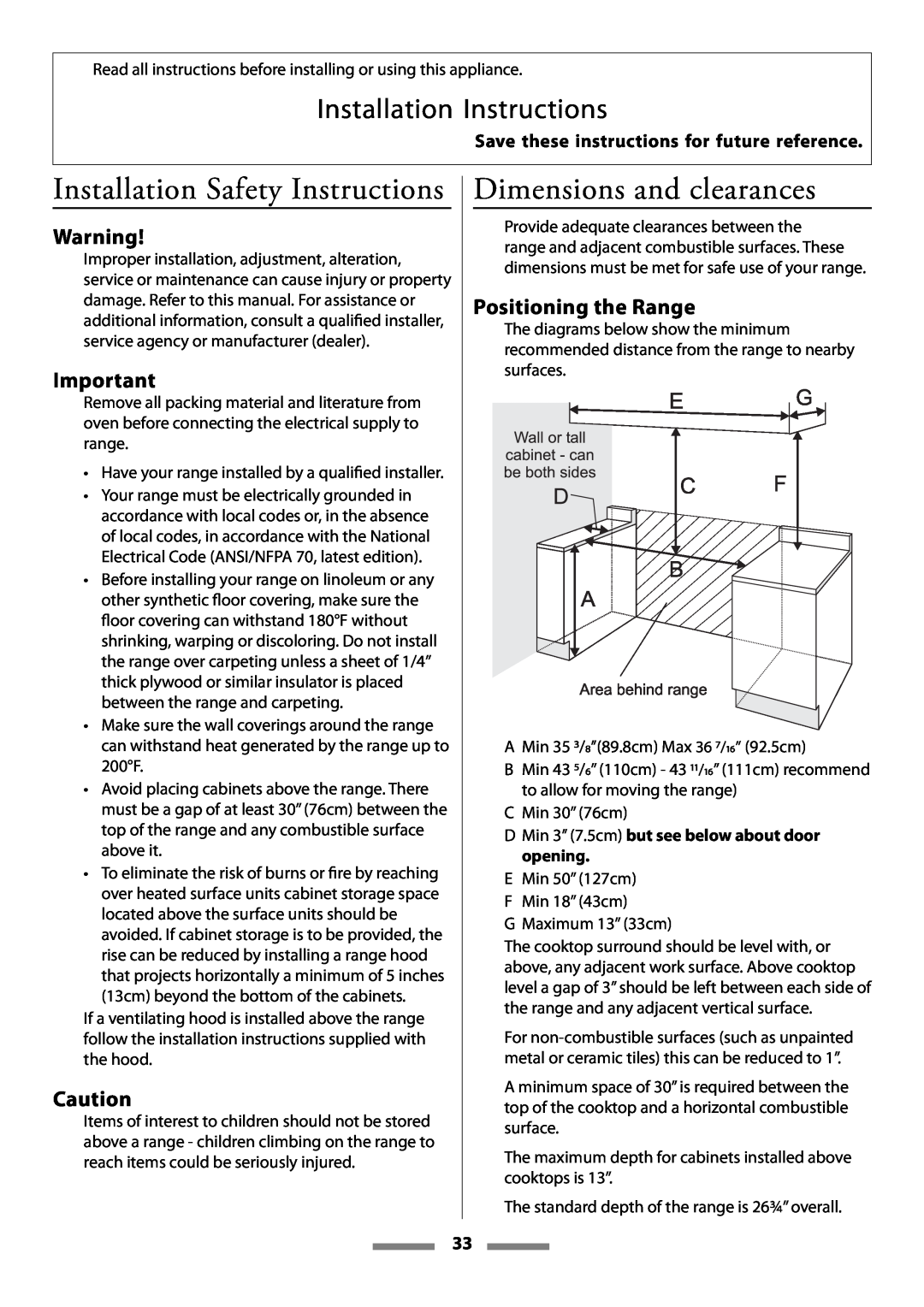 Aga Ranges Legacy 44 Installation Safety Instructions, Dimensions and clearances, Positioning the Range 