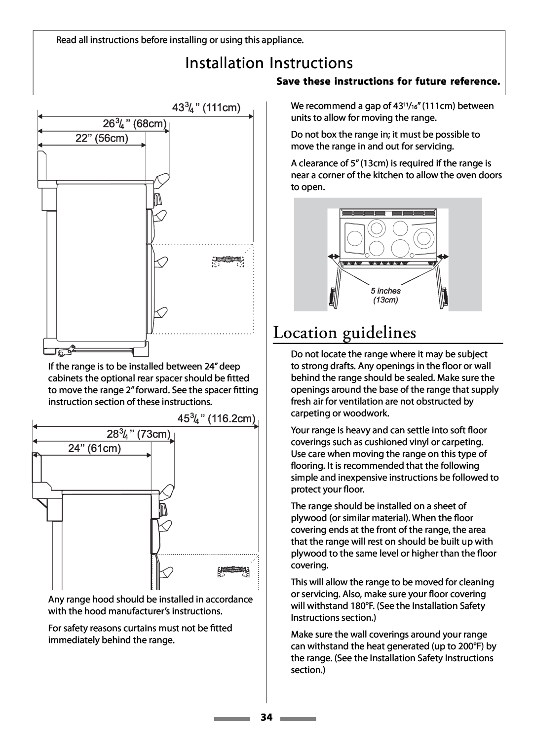 Aga Ranges Legacy 44 Location guidelines, Installation Instructions, Save these instructions for future reference 
