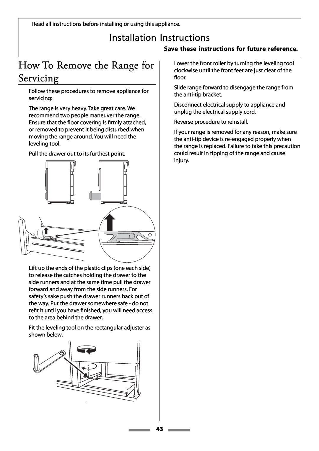 Aga Ranges Legacy 44 installation instructions How To Remove the Range for Servicing, Installation Instructions 