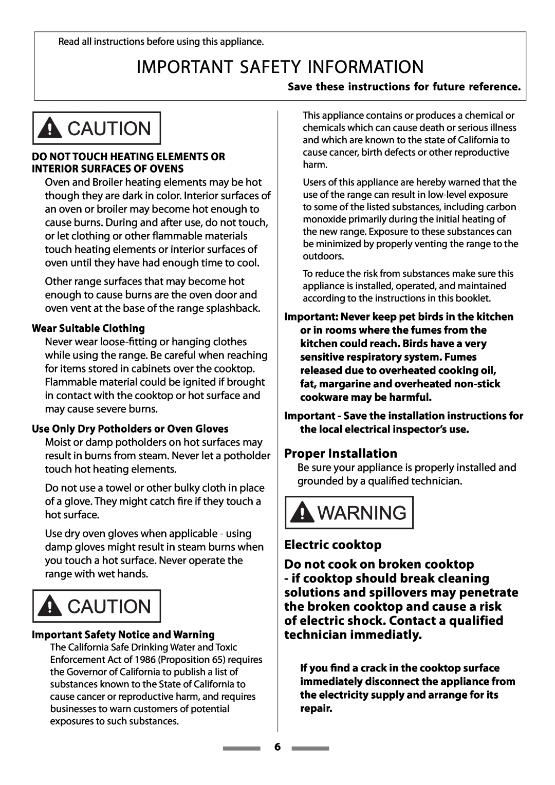 Aga Ranges Legacy 44 Proper Installation, Electric cooktop Do not cook on broken cooktop, Important Safety Information 